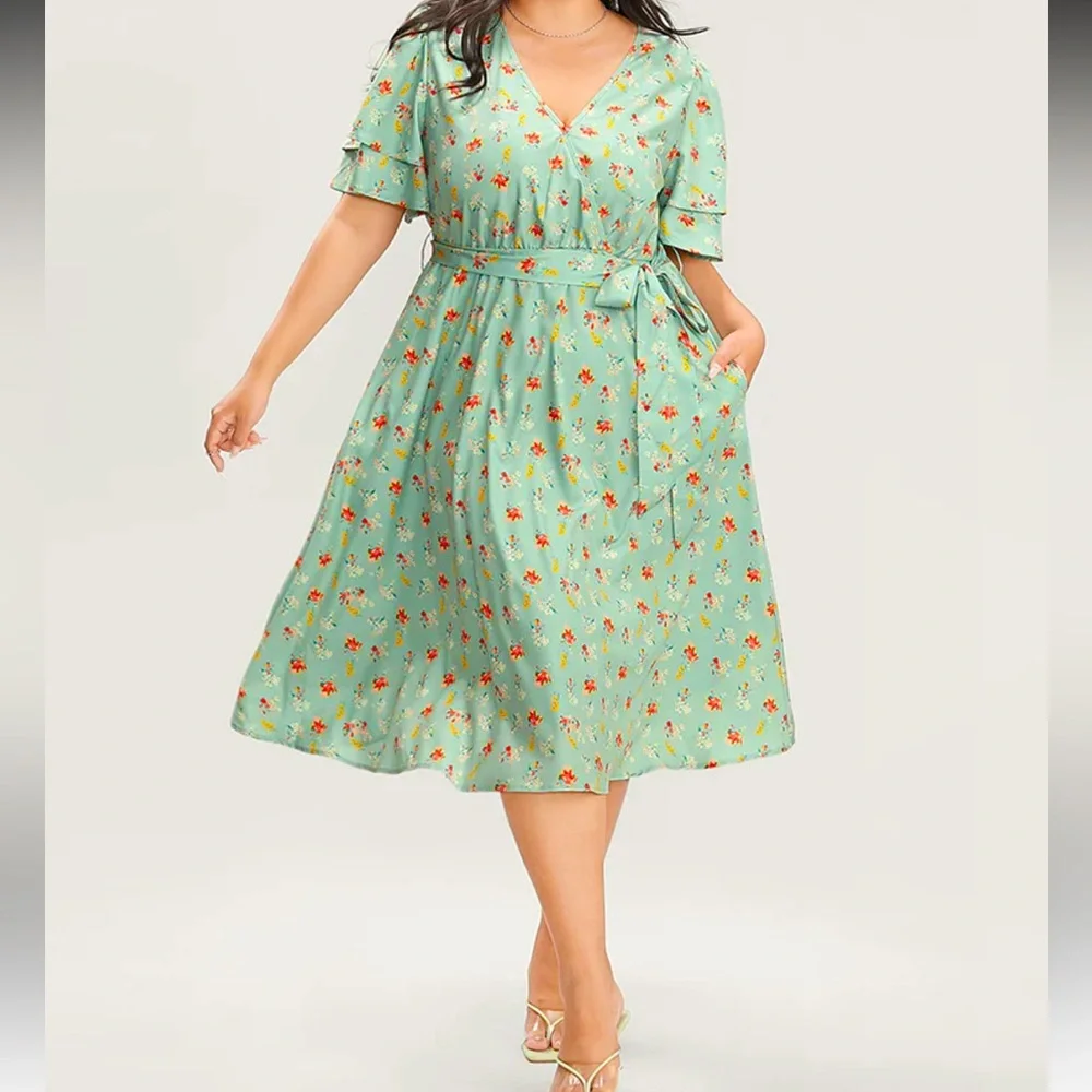 Floral Printed Ruffle Sleeve Pocket Belted Midi Dress - Picture 1 of 3